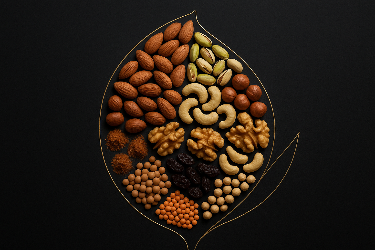 Collage professionnel de fruits secs, légumes secs et épices - Amandes, pistaches, noisettes, raisins, cajous, noix